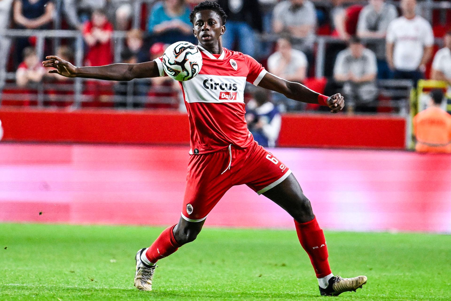 Antwerp's Jules Ahoka pictured in action during a soccer match between Royal Antwerp FC and KVC Westerlo, Saturday 23 May 2026 in Antwerp, on the last day of the Europe Play-offs (PO2) of the 2025-2026 'Jupiler Pro League' first division of the Belgian championship. BELGA PHOTO TOM GOYVAERTS