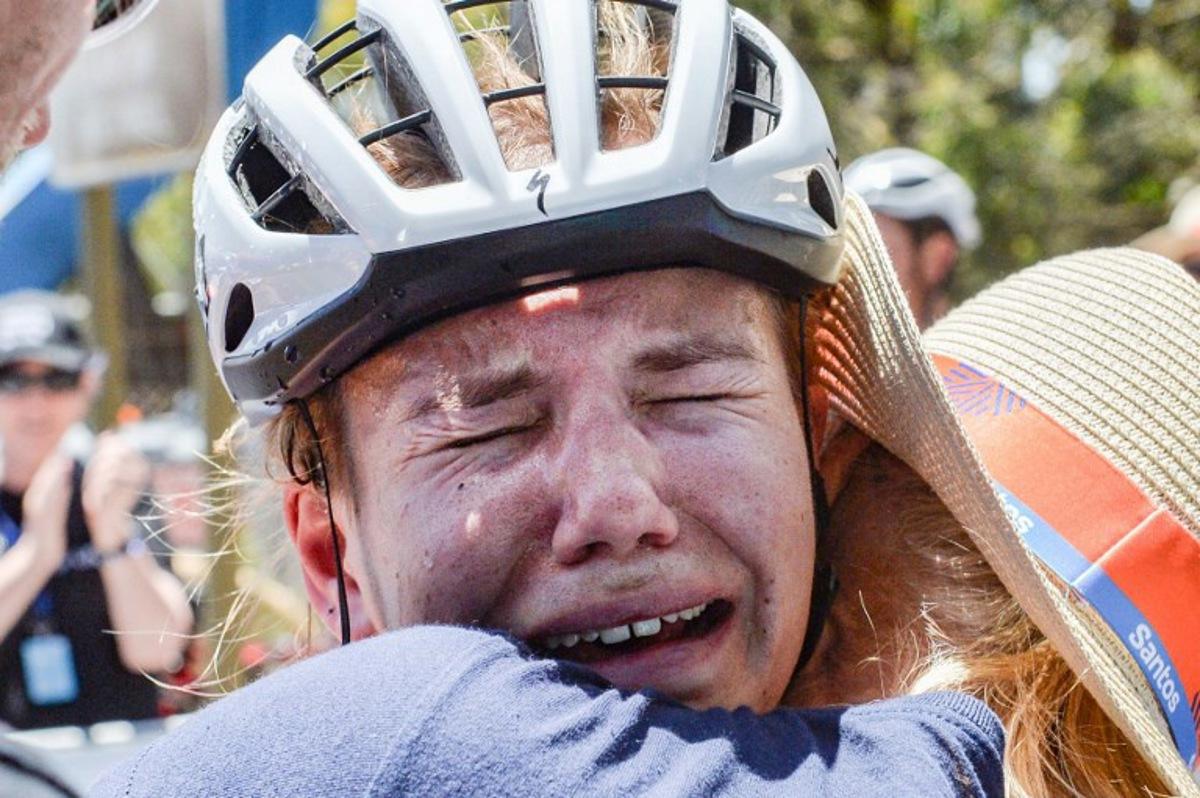 AG Insurance - Soudal rider Sarah Gigante from Australia reacts after winning the third stage of the Tour Down Under cycling race in Adelaide on January 14, 2024.  Brenton EDWARDS / AFP