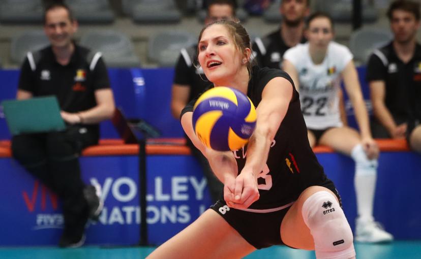 Belgium's Kaja Grobelna pictured in action during a volleyball game between Belgian national team the Yellow Tigers and Russia, Tuesday 04 June 2019 in Kortrijk, match 1/3 in the Nations League women's tournament. BELGA PHOTO VIRGINIE LEFOUR