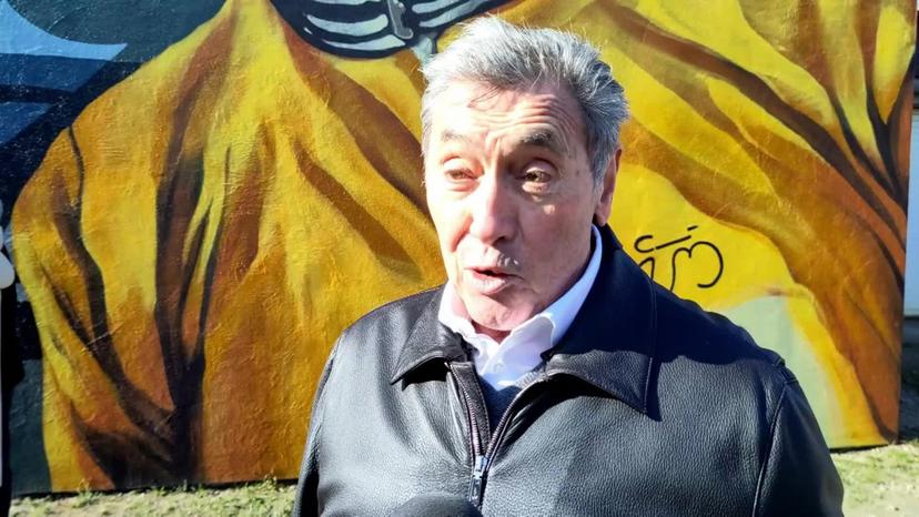 Video showing 00:00:00:00 - 00:01:58:24 Interview video with Eddy Merckx after a press moment of Tourism Flemish Brabant to present ten murals, including one in Kiezegem, birth village of Eddy Merckx, Friday 08 March 2024. BELGA VIDEO INE GILLIS
