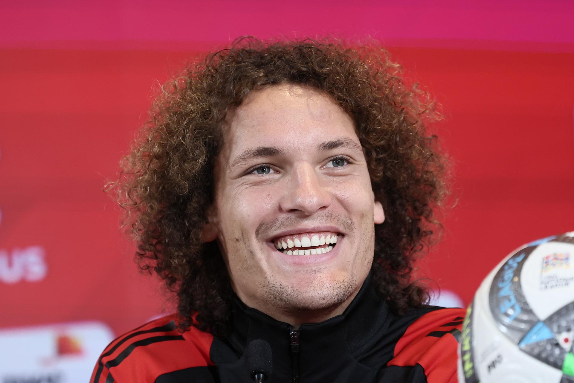Belgium's Wout Faes pictured during a press conference of the Belgian national soccer team Red Devils, at the Royal Belgian Football Association's training center, in Tubize, Sunday 13 October 2024. The Red Devils are playing against France on Monday, for the UEFA Nations League 2025. BELGA PHOTO BRUNO FAHY