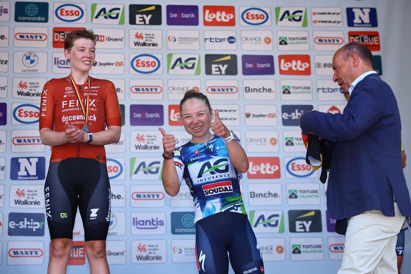 Second place Fien Van Eynde and winner Justine Ghekiere pictured on the podium after the women's elite road race of the Belgian Cycling Championships, 132,8 km from and to the Grand Place square in Binche on Sunday 29 June 2025. BELGA PHOTO DAVID PINTENS