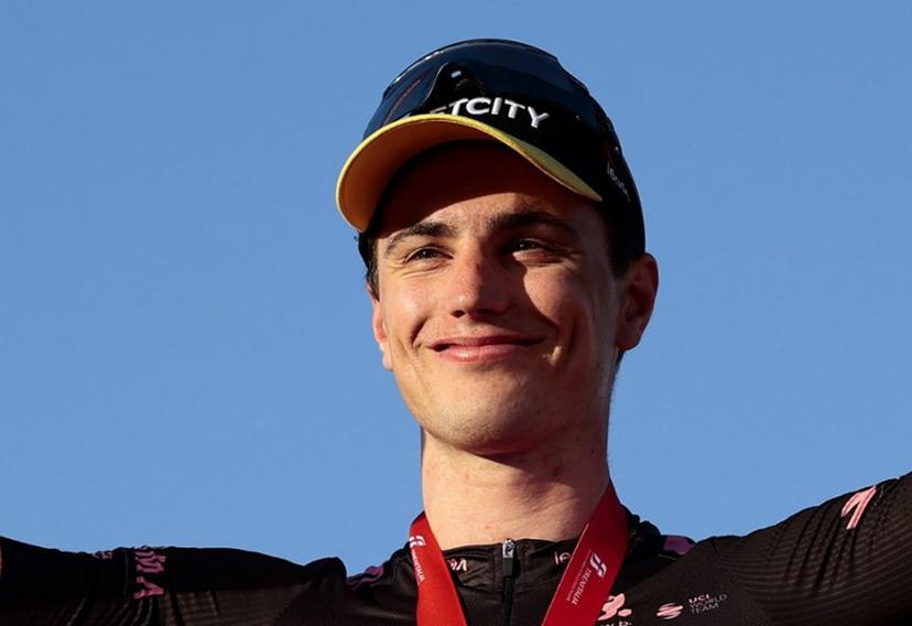 Team Visma-Lease a Bike's Dutch rider Olav Kooij celebrates on the podium after winning the 21st and last stage of the 108th Giro d'Italia cycling race of 143kms from Rome to Rome on June 1, 2025.  Luca Bettini / AFP