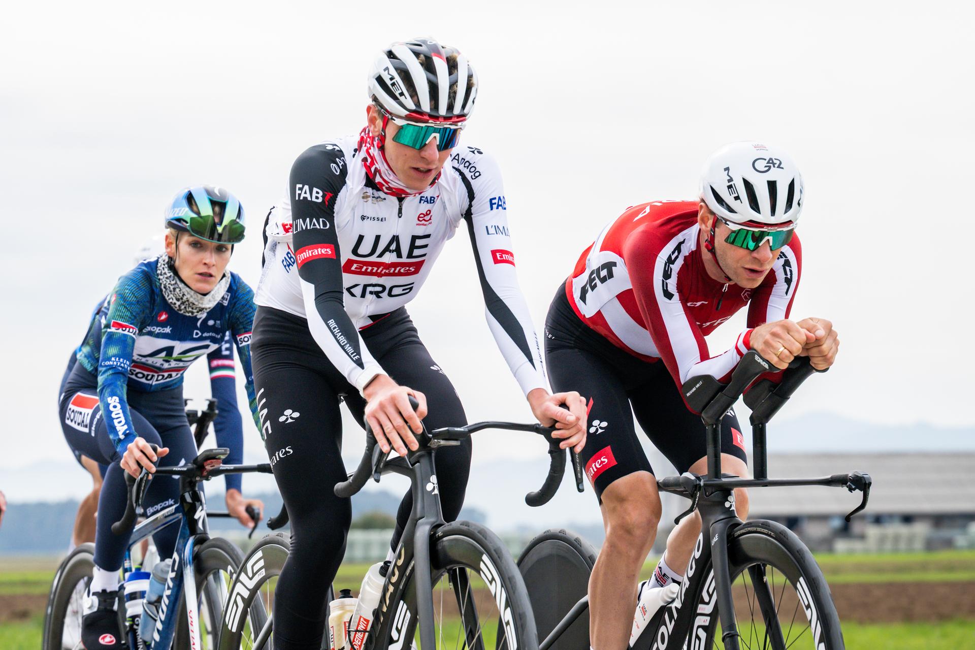 Slovenian Tadej Pogacar and his partner Urska Zigart are pictured in action during a training session at the cycling UEC Road European Championships, in Ljubljana, Slovenia Monday 5 October 2026. The UEC Road European Championships are taking place from 02 to 07 October in Ljubljana, Slovenia. BELGA PHOTO DAVID PINTENS
