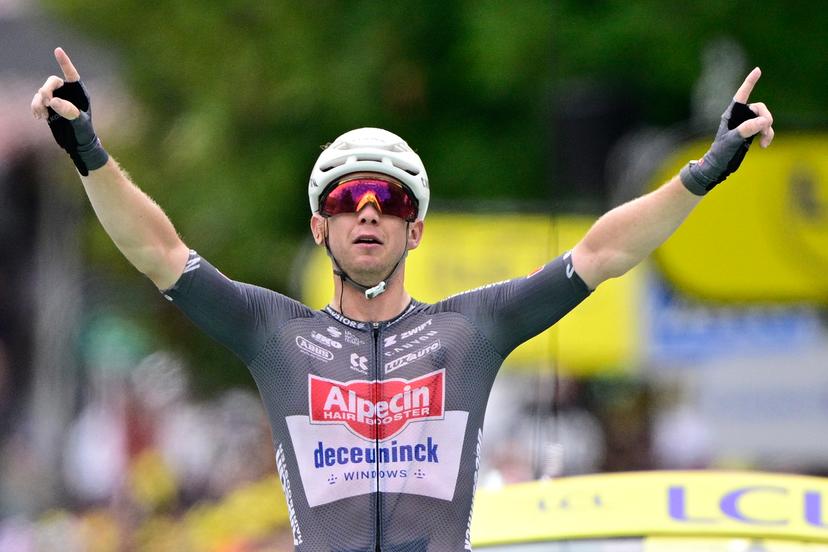 Australian Kaden Groves of Alpecin-Deceuninck celebrates after winning stage 20 of the 2025 Tour de France cycling race, from Nantua to Montpellier (185km), on Saturday 26 July 2025 in France. The 112th edition of the Tour de France starts on Saturday 5 July in Lille, France, and will finish in Paris, France on the 27th of July.   BELGA PHOTO DIRK WAEM