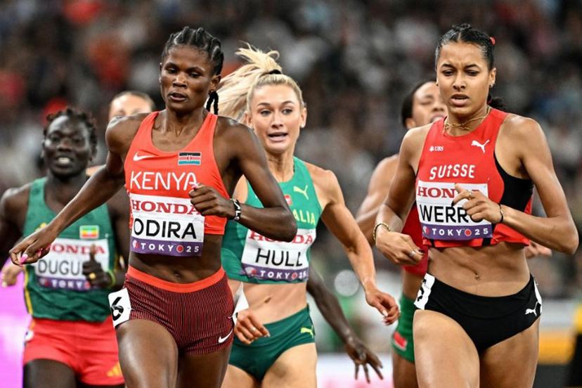 (from 2ndL) Kenya's athlete Lilian Odira, Australia's athlete Jessica Hull and Switzerland's athlete Audrey Werro run to the finish line in the women's 800m semi-final during the World Athletics Championships in Tokyo on September 19, 2025.  Jewel SAMAD / AFP