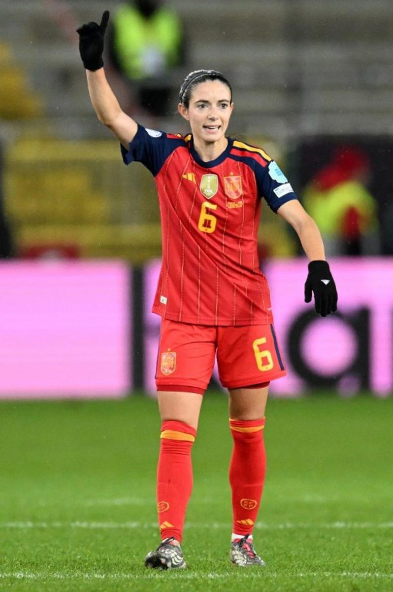 Spain's midfielder #06 Aitana Bonmati reacts during UEFA Women's Nations League first leg final football match between Germany and Spain in Kaiserslautern, western Germany on November 28, 2025.  THOMAS KIENZLE / AFP