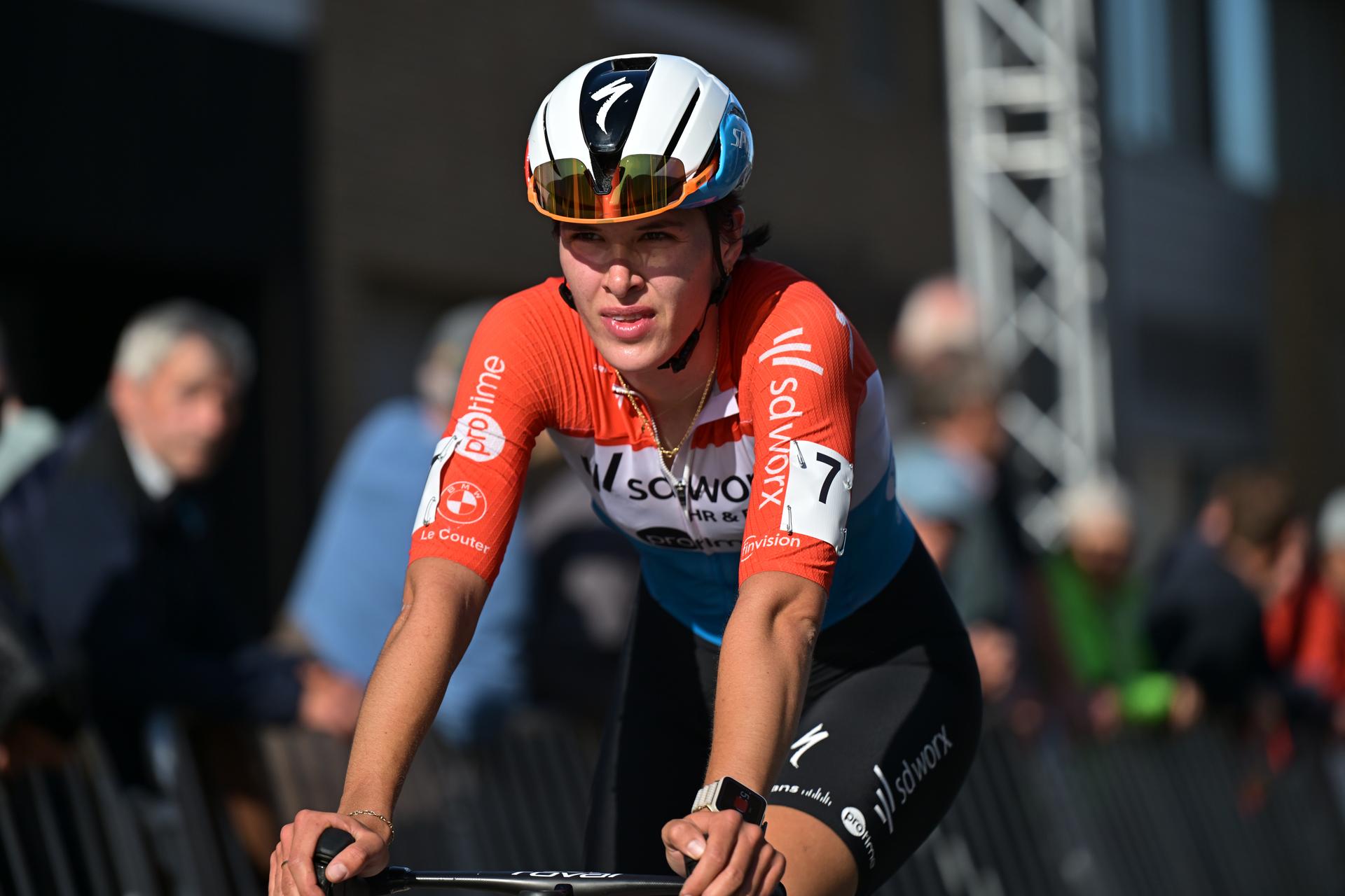 Luxembourg's Marie Schreiber crosses the finish line of  the women elite race of the 'Kermiscross' cyclocross cycling event, on Thursday 15 October 2026, in Ardooie. BELGA PHOTO DAVID PINTENS