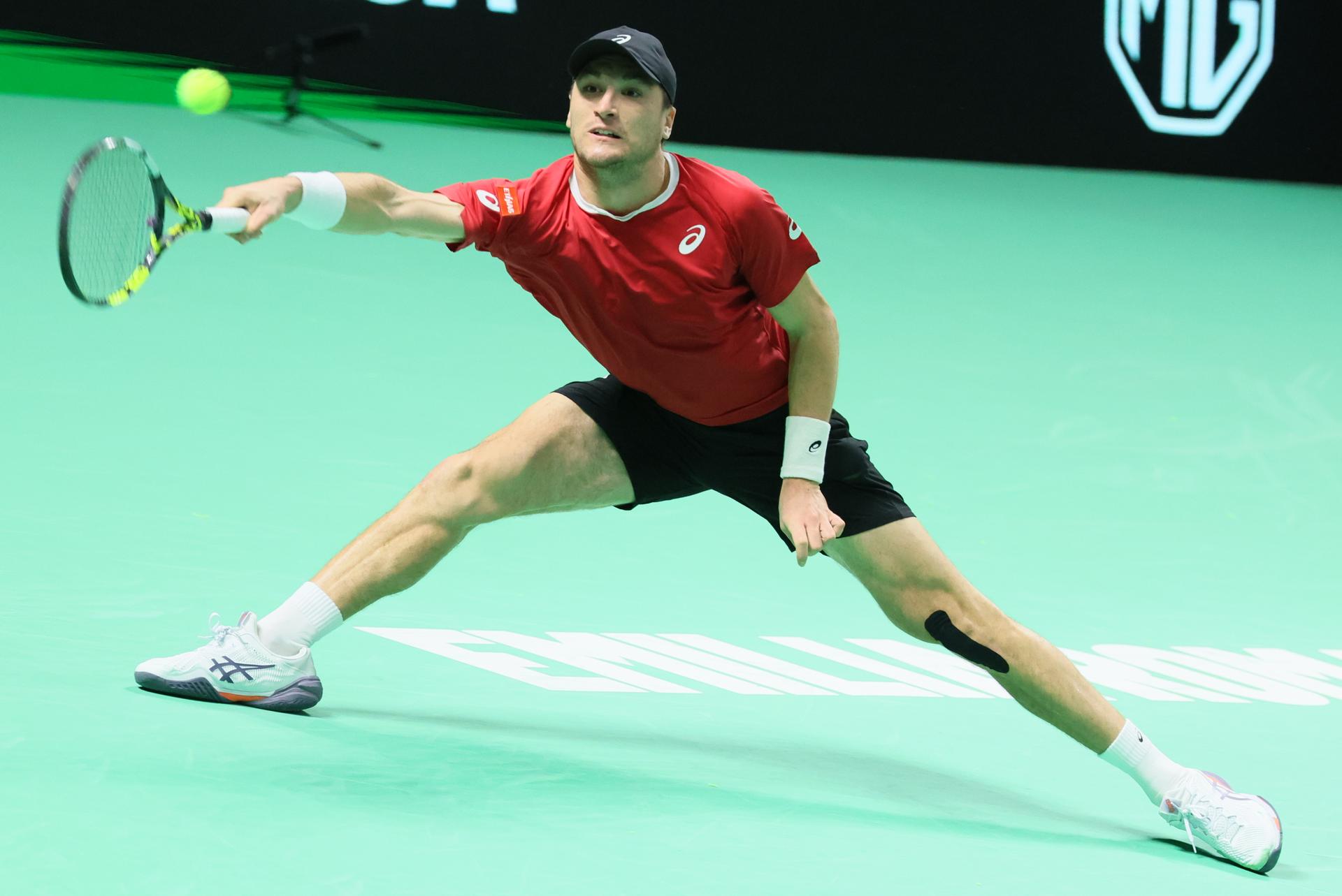 Belgian Raphael Collignon pictured in action during a tennis match against Italian Berrettini, the first in the Davis Cup semifinals between Belgium and Italy, in Bologna, Italy, on Friday 21 November 2025. The Davis Cup top eight Finals take place in Bologna from November 18 to 23. BELGA PHOTO BENOIT DOPPAGNE