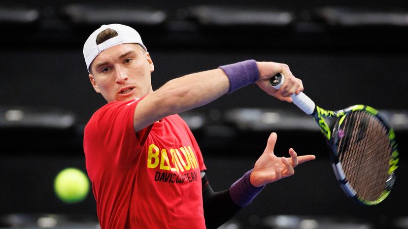Belgian Raphael Collignon pictured in action during a training practice of the Belgian team, Tuesday 28 January 2025, in Hasselt. Belgium will compete this weekend in the Davis Cup qualifiers against Chile. BELGA PHOTO BENOIT DOPPAGNE