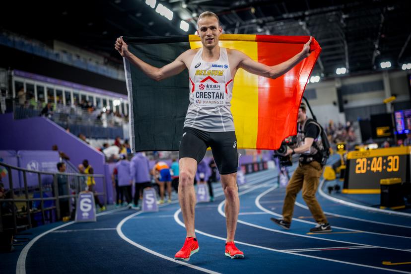 Belgian athlete Eliott Crestan celebrate after the 800m race at the World Athletics Indoor Championships, in Nanjing, China, Sunday 23 March 2025. The championships take place from 21 to 23 March. BELGA PHOTO JASPER JACOBS
