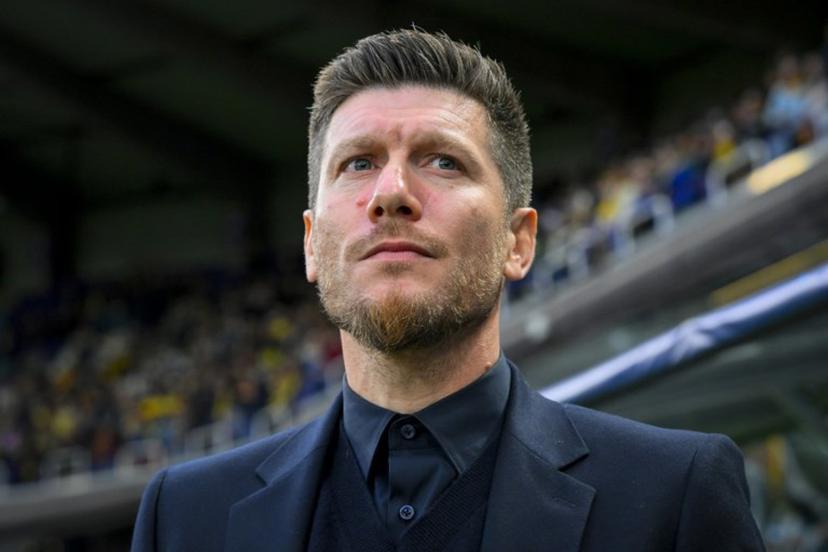 Union's Belgian head coach Sebastien Pocognoli looks on prior to the UEFA Champions League, league phase - Matchday 2 football match between Royale Union Saint-Gilloise and Newcastle United FC at the RSC Anderlecht Stadium in Brussels on October 1, 2025.  JOHN THYS / AFP