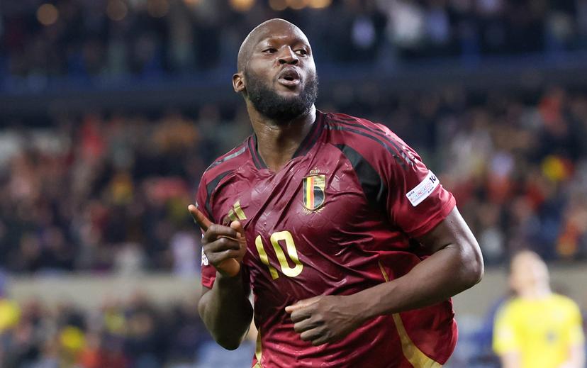 Belgium's Romelu Lukaku celebrates after scoring during a soccer game between Belgian national team the Red Devils and Ukraine, Sunday 23 March 2025 in Genk, the return leg of the Nations League playoff. Ukraine won the first leg 3-1. BELGA PHOTO VIRGINIE LEFOUR