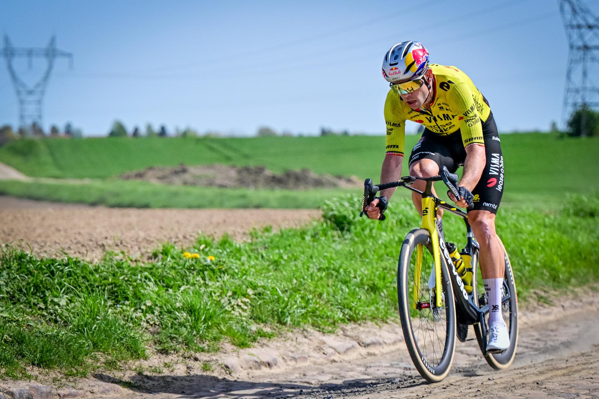Belgian Wout van Aert of Team Visma-Lease a Bike pictured in action during the reconnaissance of the track ahead of this year's Paris-Roubaix cycling race, Thursday 09 April 2026, around Roubaix, France. The 123rd edition of Paris-Roubaix cycling races will take on Sunday, with the women riding 143,1 km the men riding 258,3 km on Sunday. BELGA PHOTO DIRK WAEM