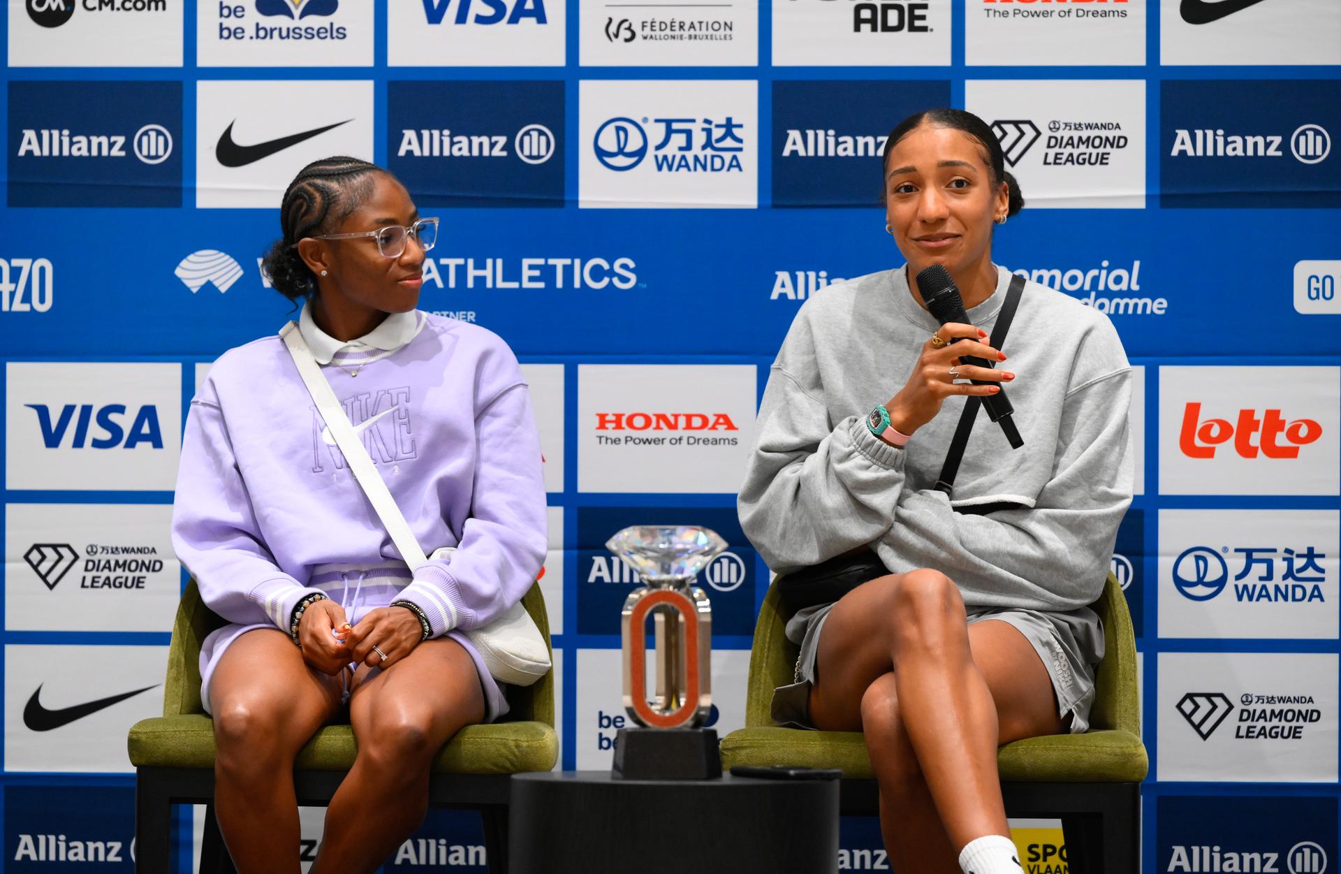 US Melissa Jefferson and Belgian Nafissatou Nafi Thiam pictured during a press conference on the 49th edition of the Memorial Van Damme athletics event in Brussels, Thursday 21 August 2025. The 2025 Allianz Memorial Van Damme Diamond League meeting takes place on 22 Augustus 2025. BELGA PHOTO JOHN THYS