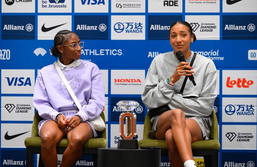 US Melissa Jefferson and Belgian Nafissatou Nafi Thiam pictured during a press conference on the 49th edition of the Memorial Van Damme athletics event in Brussels, Thursday 21 August 2025. The 2025 Allianz Memorial Van Damme Diamond League meeting takes place on 22 Augustus 2025. BELGA PHOTO JOHN THYS