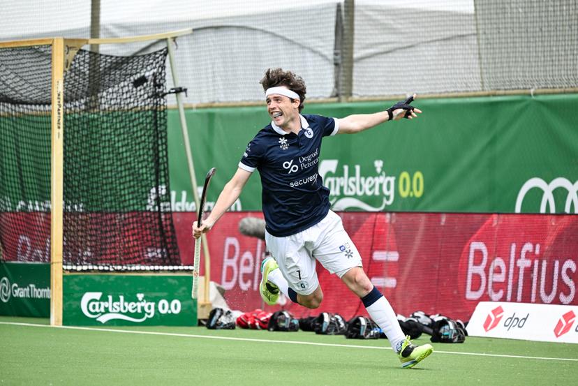 Gantoise's Guillaume Hellin celebrates after scoring during the shootout at a hockey game between Royals Leopold Club and Gantoise, Sunday 25 May 2025 in Antwerp, the second leg game in the finals of the men's 2024-2025 Belgian first division hockey championship. BELGA PHOTO TOM GOYVAERTS