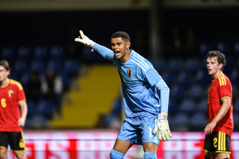 Belgium's goalkeeper Lucca Mounganga Brughmans  reacts during a soccer game between Belgium U21 and Belarus U21, Thursday 24 September 2026 in Westerlo, qualifier 6/8 for the 2027 European Championships. BELGA PHOTO BRUNO FAHY