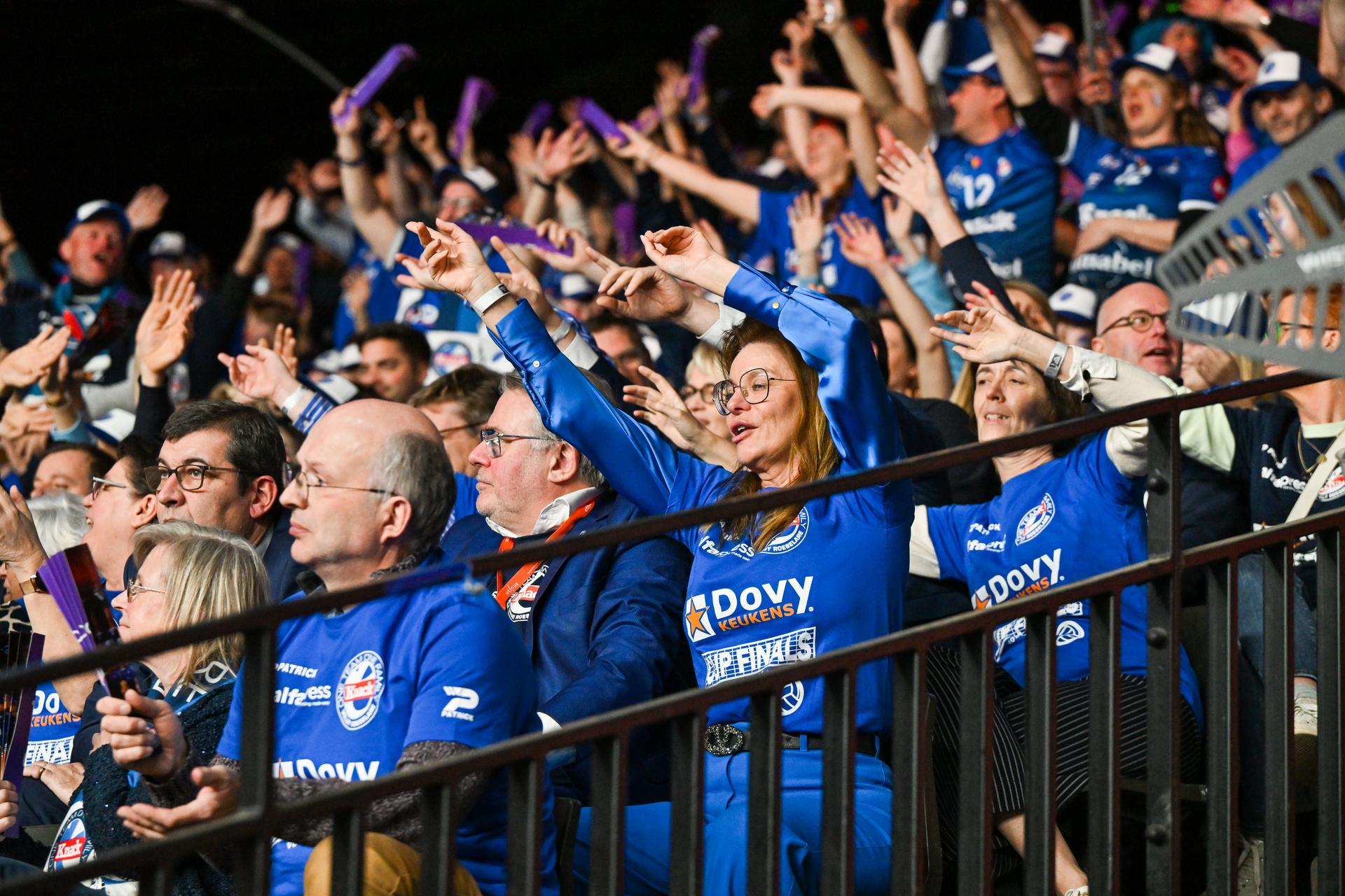 fans and supporters of Knack Roeselare pictured during the match between Knack Volley Roeselare and Decospan Volley Team Menen, the final match in the men Belgian volleyball cup competition, Sunday 26 February 2023 in Merksem, Antwerp. BELGA PHOTO DAVID CATRY