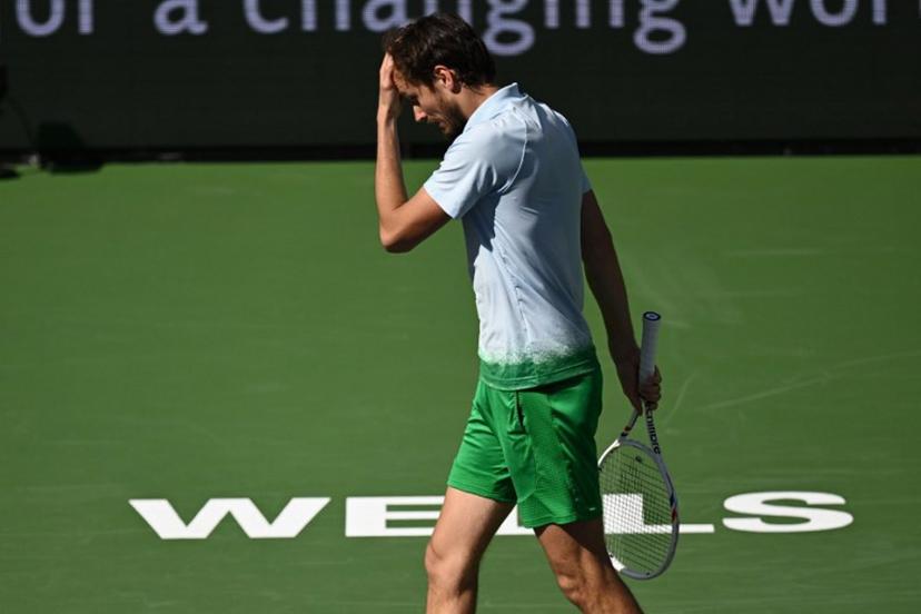 Russia's Daniil Medvedev reacts during the men's singles semi-final tennis match against Denmark's Holger Rune at the BNP Paribas Open at the Indian Wells Tennis Garden in Indian Wells, California, on March 15, 2025.  Patrick T. Fallon / AFP