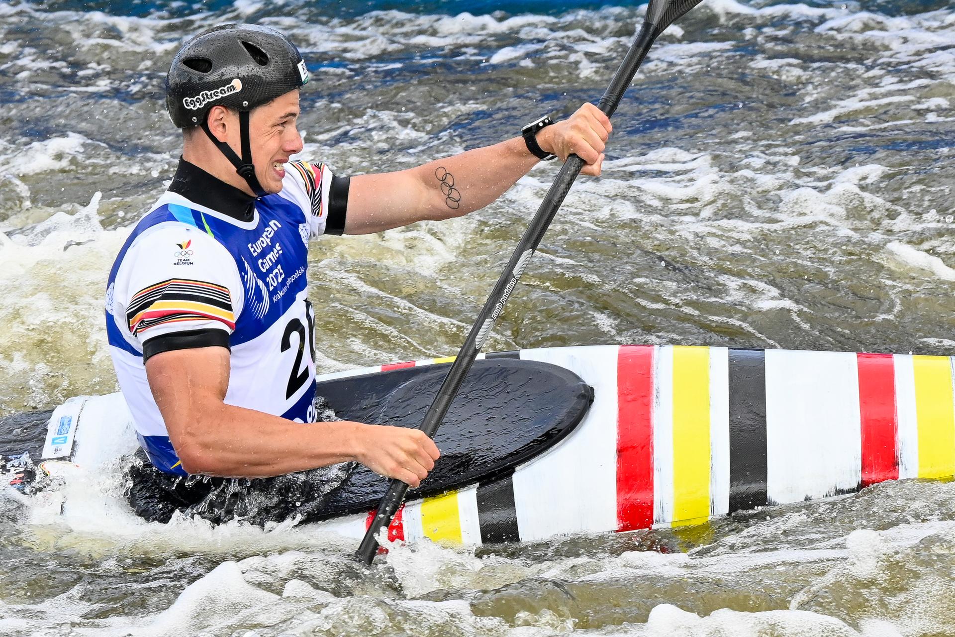 Canoe Slalom Athlete Gabriel De Coster pictured in action during the first run of the heats for the men's kayak slalom event, canoe slalom, during the European Games, in Krakow, Poland, Thursday 29 June 2023. The 3rd European Games, informally known as Krakow-Malopolska 2023, is a scheduled international sporting event that will be held from 21 June to 02 July 2023 in Krakow and Malopolska, Poland. BELGA PHOTO TEAM BELGIUM