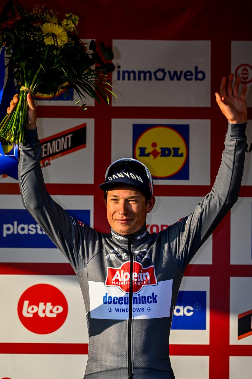Belgian Jasper Philipsen of Alpecin-Deceuninck celebrates on the podium after winning the Kuurne-Brussels-Kuurne one day cycling race, 196,9 km from Kuurne to Kuurne via Brussels, Sunday 02 March 2025. BELGA PHOTO ERIC LALMAND
