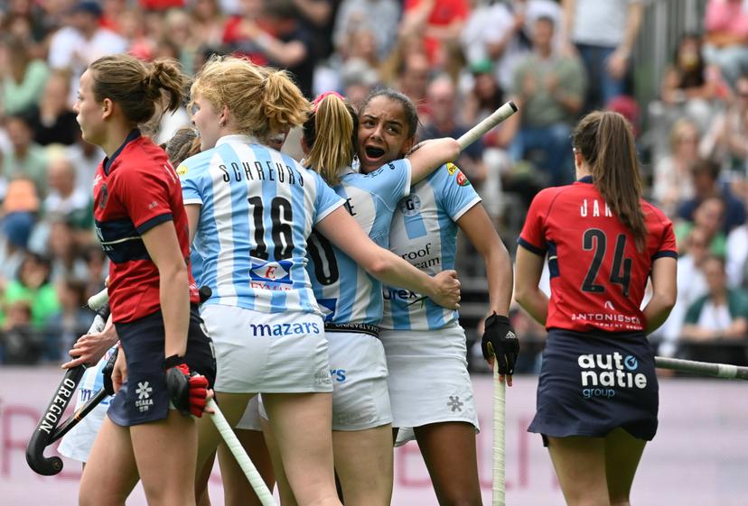 Gantoise's Ambre Ballenghien reacts during a hockey game between KHC Dragons and Gantoise, Sunday 21 May 2023 in Brasschaat, the second leg of the finals in the play-offs for the Belgian Women Hockey League season 2022-2023. BELGA PHOTO JOHN THYS