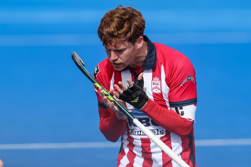 Leopold's Gauthier Boccard reacts during a hockey game between Gantoise and Royal Leopold, Sunday 12 April 2026 in Gent, on day 18 of the Belgian first division hockey championship. BELGA PHOTO BRUNO FAHY