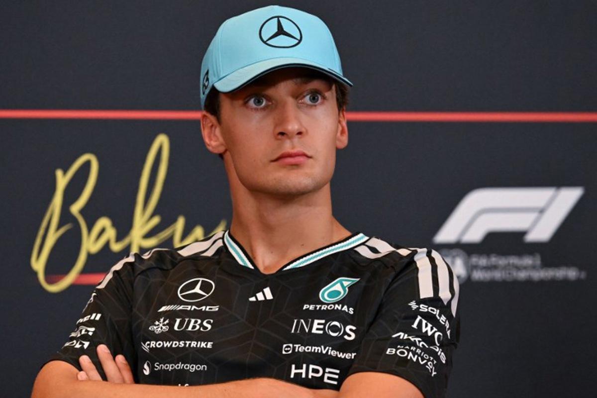 Mercedes' British driver George Russell attends a press conference ahead of the Formula One Azerbaijan Grand Prix at the Baku City Circuit in Baku on September 23, 2026.  Igor IVANKO / AFP