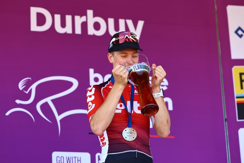 STVV's Arthur Alexis celebrates on thee podium after winninhg during stage 4 of the Baloise Belgium Tour cycling race, from and to Durbuy (173,4 km), Saturday 21 June 2025. The Baloise Belgium Tour takes place from 18 to 22 June. BELGA PHOTO DAVID PINTENS