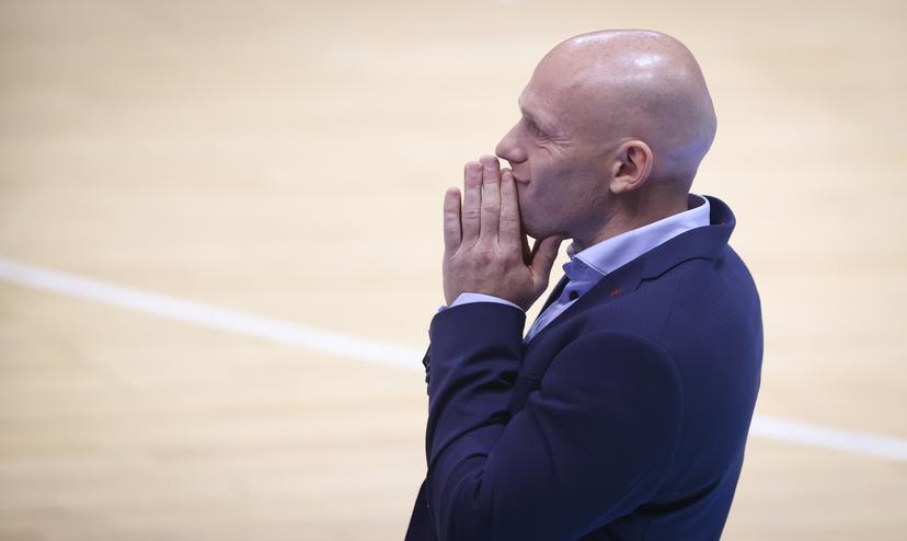 Liege's head coach Lionel Bosco looks dejected during a basketball match between Liege Basket and Mons-Hainaut, Friday 08 October 2021 in Liege, on day 5 of the National Round Belgium in the 'BNXT League' Belgian first division basket championships. BELGA PHOTO VIRGINIE LEFOUR