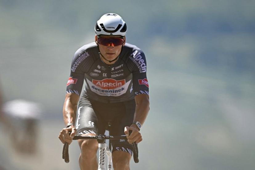 Alpecin - Deceuninck team's Dutch rider Mathieu van der Poel cycles to the finish line of the 13th stage of the 112th edition of the Tour de France cycling race, 10.9 km individual time trial between Loudenvielle and Peyragudes, in the Pyrenees mountains of southwestern France, on July 18, 2025.  Loic VENANCE / AFP