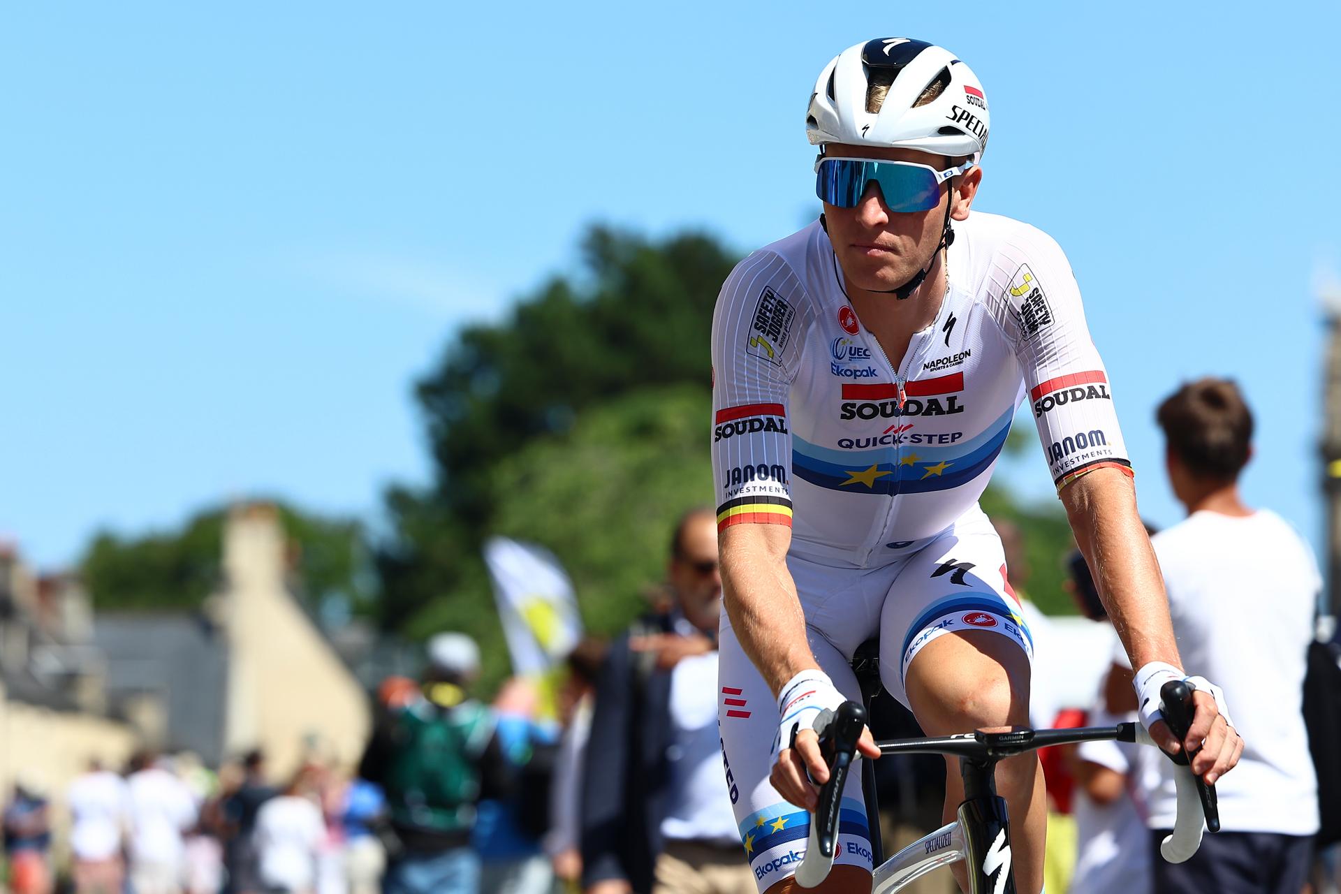 Belgian Tim Merlier of Soudal Quick-Step pictured at the start of stage six of the 2025 Tour de France cycling, from Bayeux to Vire Normandie (201 km), on Thursday 10 July 2025 in France. The 112th edition of the Tour de France starts on Saturday 5 July in Lille, France, and will finish in Paris, France on the 27th of July. BELGA PHOTO DAVID PINTENS