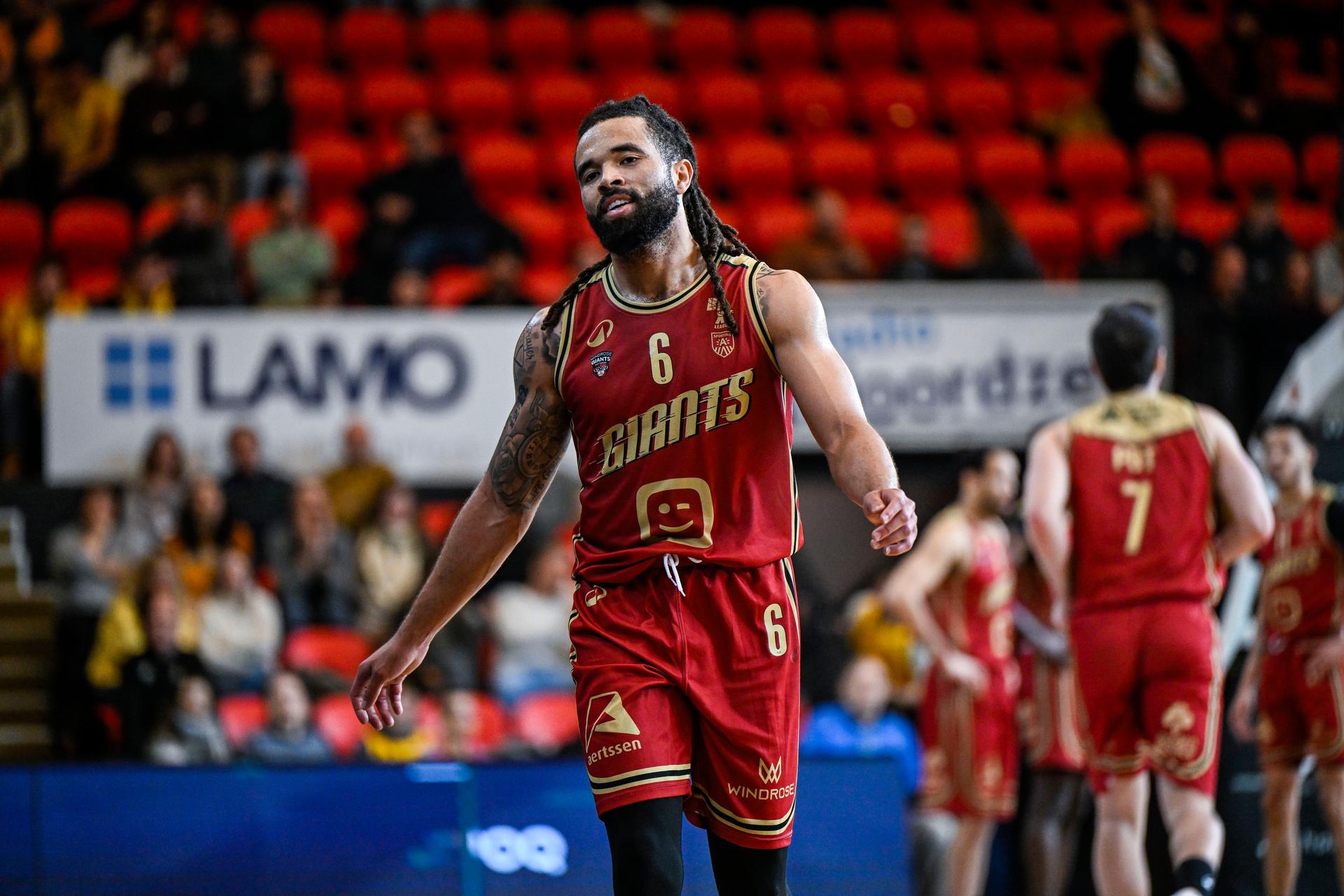 Antwerp's Michael Flowers looks dejected during a basketball match between Filou Oostende and Antwerp Giants, Thursday 13 February 2025 in Oostende, the return leg of the semi-finals of the men's Belgian Basketball Cup. BELGA PHOTO TOM GOYVAERTS