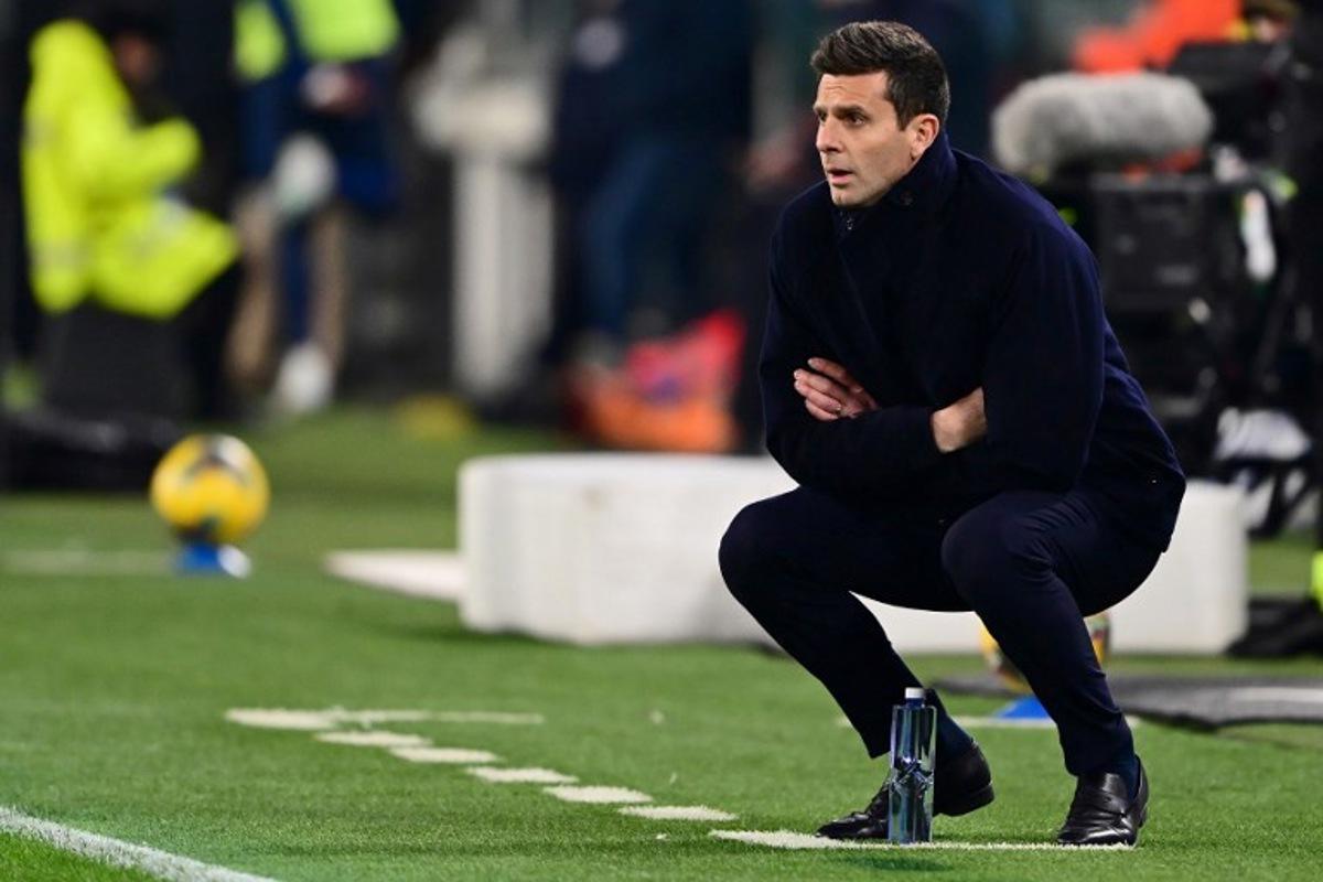 Juventus' Italian coach Thiago Motta reacts from the techincal area during the Italian Serie A football match between Juventus and Hellas Verona at the Allianz Stadium in Turin, on March 3, 2025.  MARCO BERTORELLO / AFP