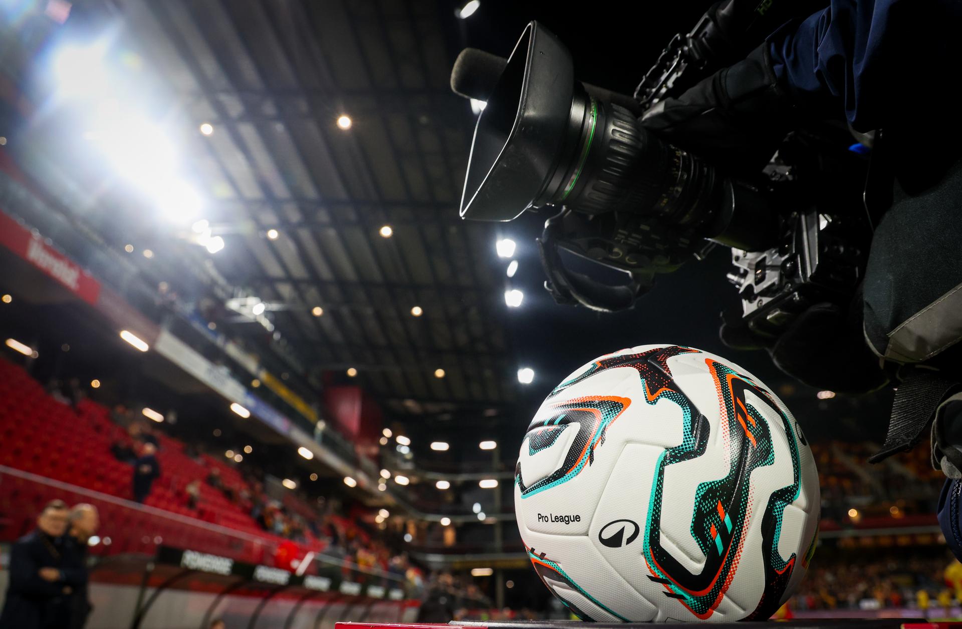 This image shows illustration images of DAZN, the football of the competition and the Pro League at a soccer match between KV Mechelen and Standard de Liege, Friday 28 November 2025 in Mechelen, on day 16 of the 2025-2026 'Jupiler Pro League' first division of the Belgian championship. BELGA PHOTO VIRGINIE LEFOUR