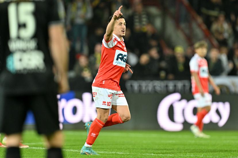 Kortrijk's Abdelkahar Kadri celebrates after scoring the 1-0 goal during a soccer game between JPL club KV Kortrijk and second division club Lokeren-Temse, Wednesday 30 October 2024 in Heule, in the round 1 of 16 of the 'Croky Cup' Belgian soccer cup. BELGA PHOTO DAVID CATRY