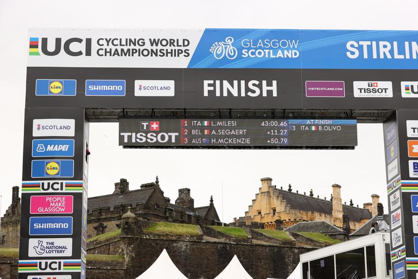 Illustration picture shows the top 3 of the Men U23 time trial race at the UCI World Championships Cycling, in Glasgow, Scotland, Wednesday 09 August 2023. UCI organizes the worlds with all cycling disciplines, road cycling, indoor cycling, mountain bike, BMX racing, road para-cycling and indoor para-cycling, in Glasgow from 03 to 13 August. BELGA PHOTO DAVID PINTENS