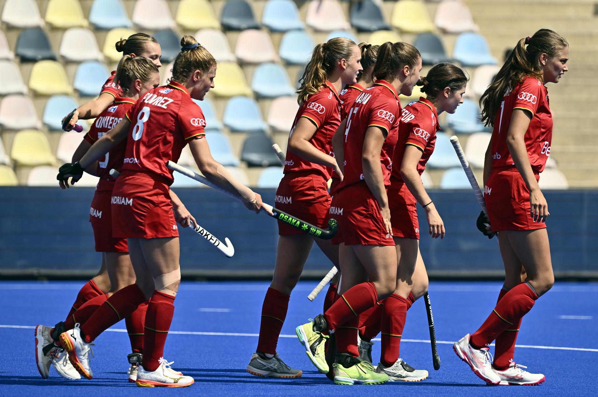 The Red Panthers celebrate during a hockey game between Scotland and the Belgian national team Red Panthers, match 3/3 in the pool stage of the 2025 women's European championships, Wednesday 13 August 2025 in Monchengladbach, Germany. BELGA PHOTO ERIC LALMAND