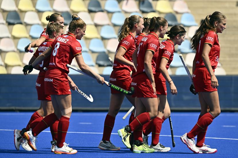 The Red Panthers celebrate during a hockey game between Scotland and the Belgian national team Red Panthers, match 3/3 in the pool stage of the 2025 women's European championships, Wednesday 13 August 2025 in Monchengladbach, Germany. BELGA PHOTO ERIC LALMAND