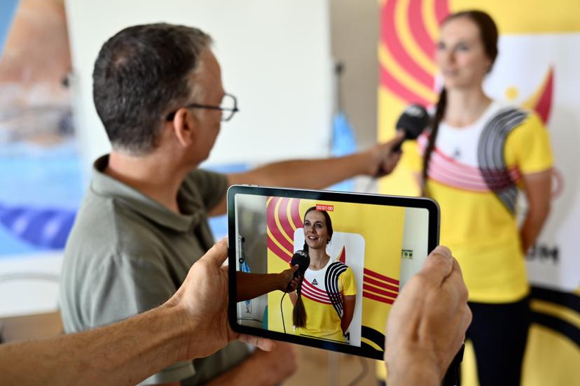 a media training session with Belga journalist Lieven De Maertelaere at the annual stage of Team Belgium (19-25/05), in Rio Maior, Portugal, Wednesday 21 May 2025, BELGA PHOTO ERIC LALMAND
