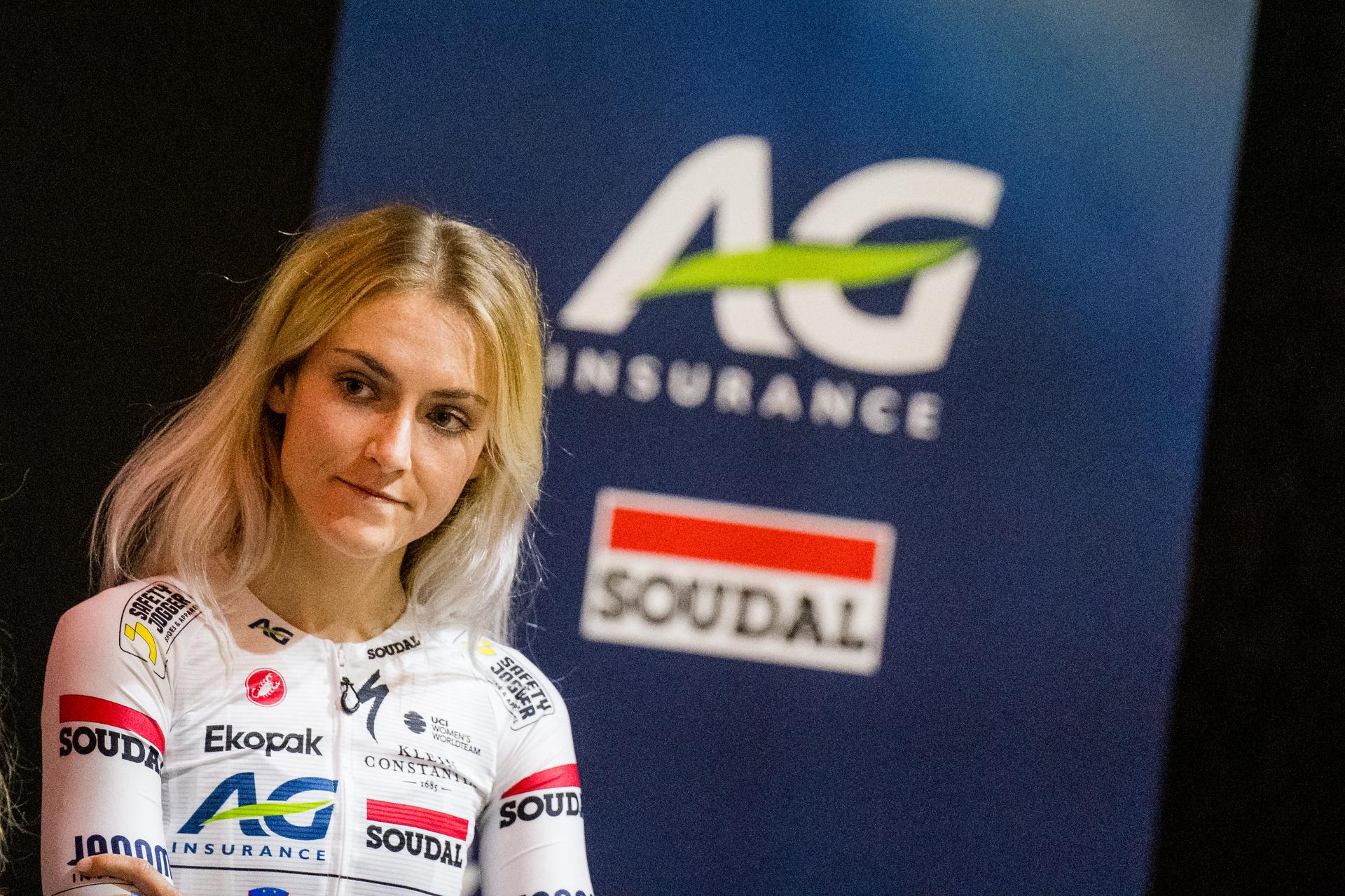 Slovenian Urska Zigart of AG Insurance-Soudal Team pictured during the presentation of the AG Insurance-Soudal women's team and Soudal Quick-Step men's team ahead this weekend's one-day cycling race Omloop Het Nieuwsblad, opening race of the Flemish classic one day races season, Tuesday 25 February 2025, in Brussels. BELGA PHOTO JASPER JACOBS