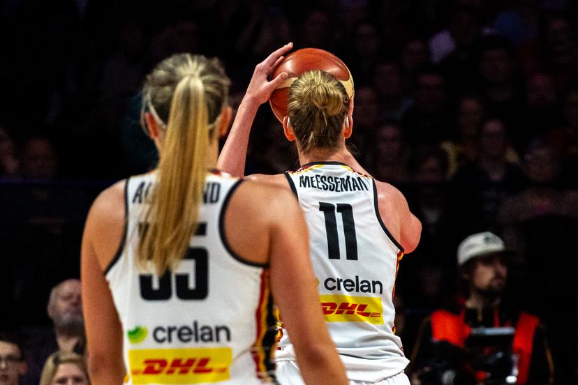 Belgium's Emma Meesseman and Belgium's Julie Allemand a basketball game between Belgian national team the Belgian Cats and Lithunia, a qualification game (3/6) for the 2025 Eurobasket tournament, on Thursday 07 November 2024 in Antwerp, Belgium. BELGA PHOTO WARD VANDAEL