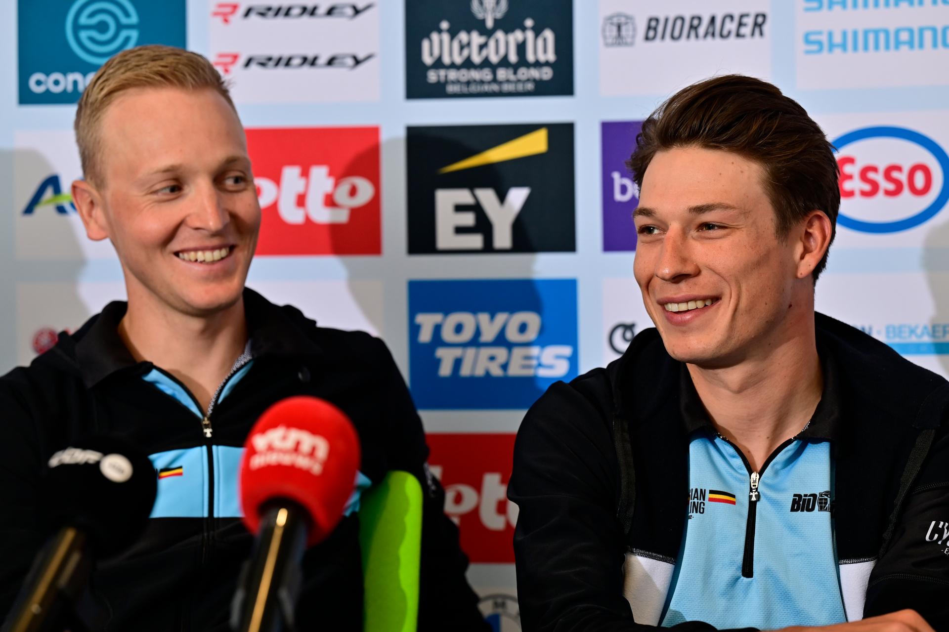 Belgian Tim Merlier and Belgian Jasper Philipsen pictured during a press conference of the Belgian team at the European Championship 2024, in Hasselt, Friday 13 September 2024. The UEC Road European Championships 2024 will take place from 11 to 15 september in Limburg, Belgium. BELGA PHOTO DIRK WAEM