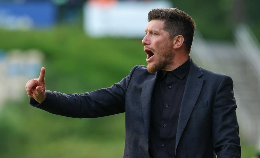 Union's head coach Sebastien Pocognoli reacts during a soccer match between Royale Union Saint-Gilloise and Club Brugge, Sunday 27 April 2025 in Brussels, on day 6 (out of 10) of the Champions' Play-offs of the 2024-2025 'Jupiler Pro League' first division of the Belgian championship. BELGA PHOTO VIRGINIE LEFOUR