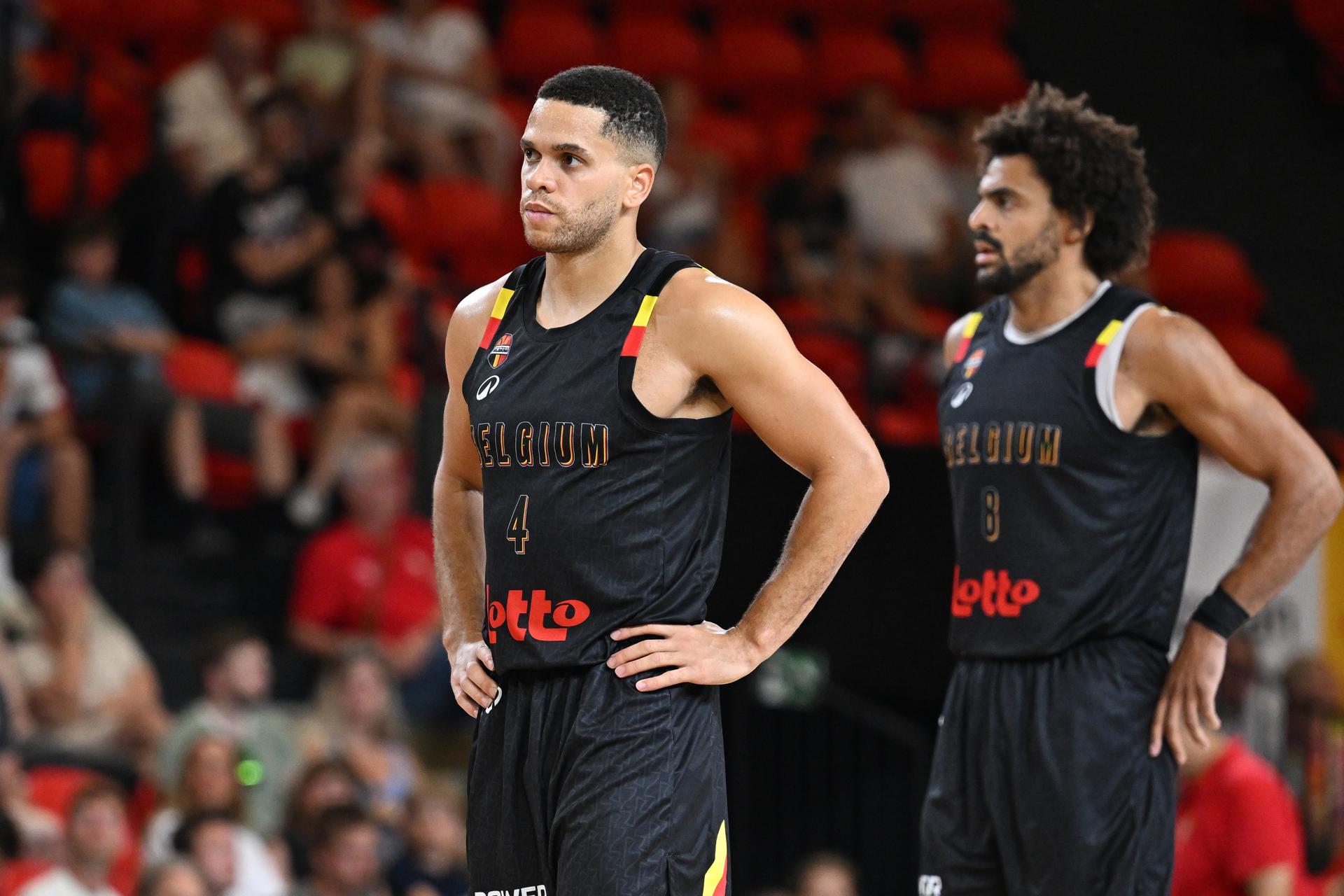 Belgium's Emmanuel Manu Lecomte and Belgium's Jean-Marc Mwema pictured during a basketball match between Belgium's national team Belgian Lions and Great Britain, Friday 15 August 2025 in Oostende, in a friendly tournament. BELGA PHOTO MAARTEN STRAETEMANS