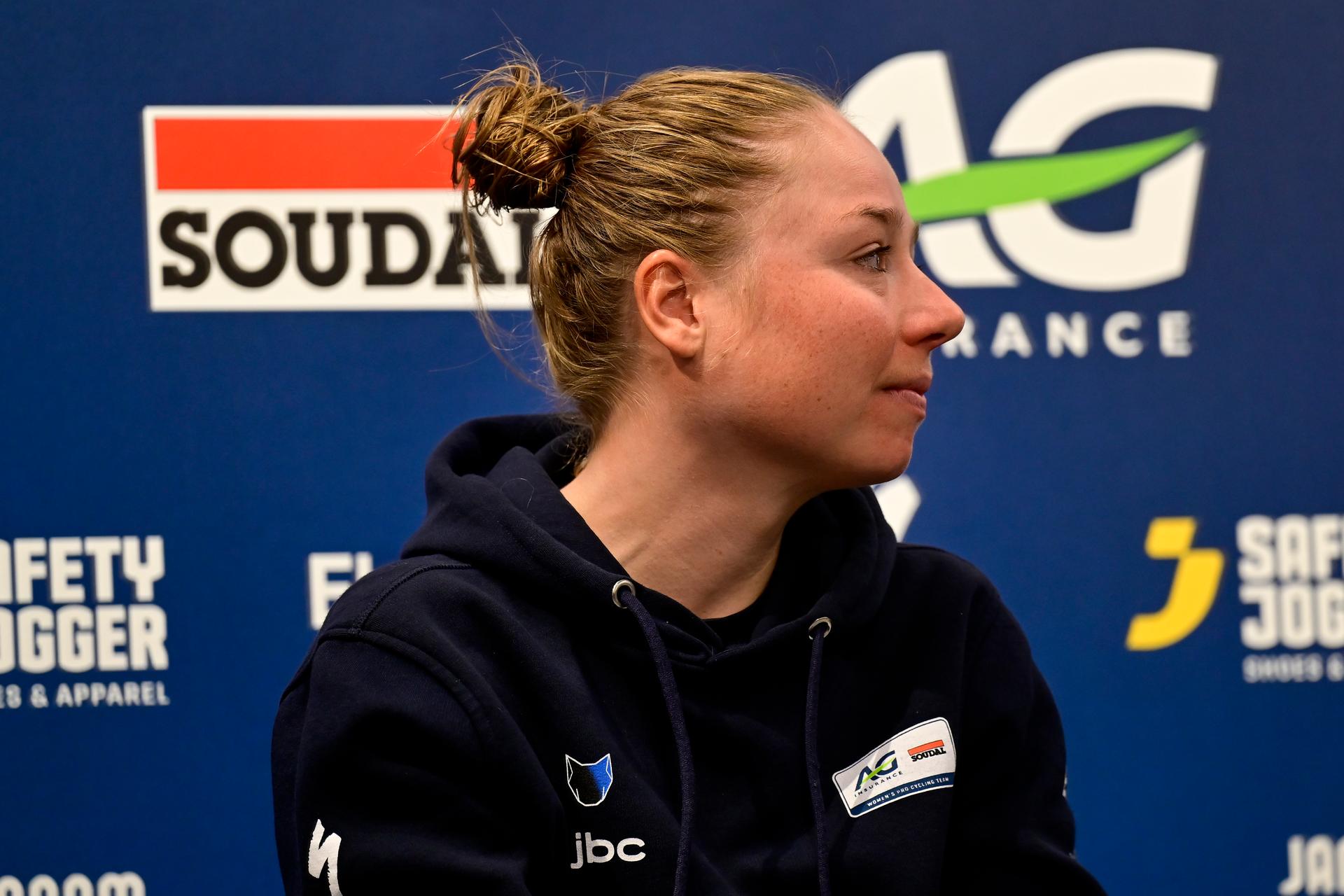 Belgian Justine Ghekiere of AG Insurance-Soudal Team pictured during a press conference of the Soudal Quick-Step cycling team ahead of the Ronde van Vlaanderen / Tour des Flandres / Tour of Flanders cycling race, Thursday 03 April 2025 in Oudenaarde. The 109th edition of the cycling race will take place on Sunday 06 April. BELGA PHOTO DIRK WAEM
