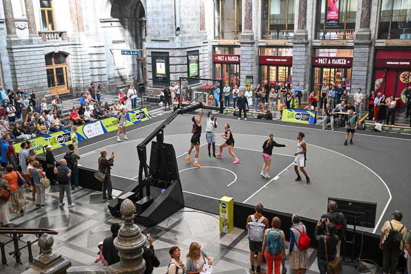 players are pictured in action during the latest press conference regarding the 3x3 European Basketball Championship in Antwerp (Sept. 11-13), on Wednesday 26 August 2026 in Antwerp. BELGA PHOTO JONAS ROOSENS