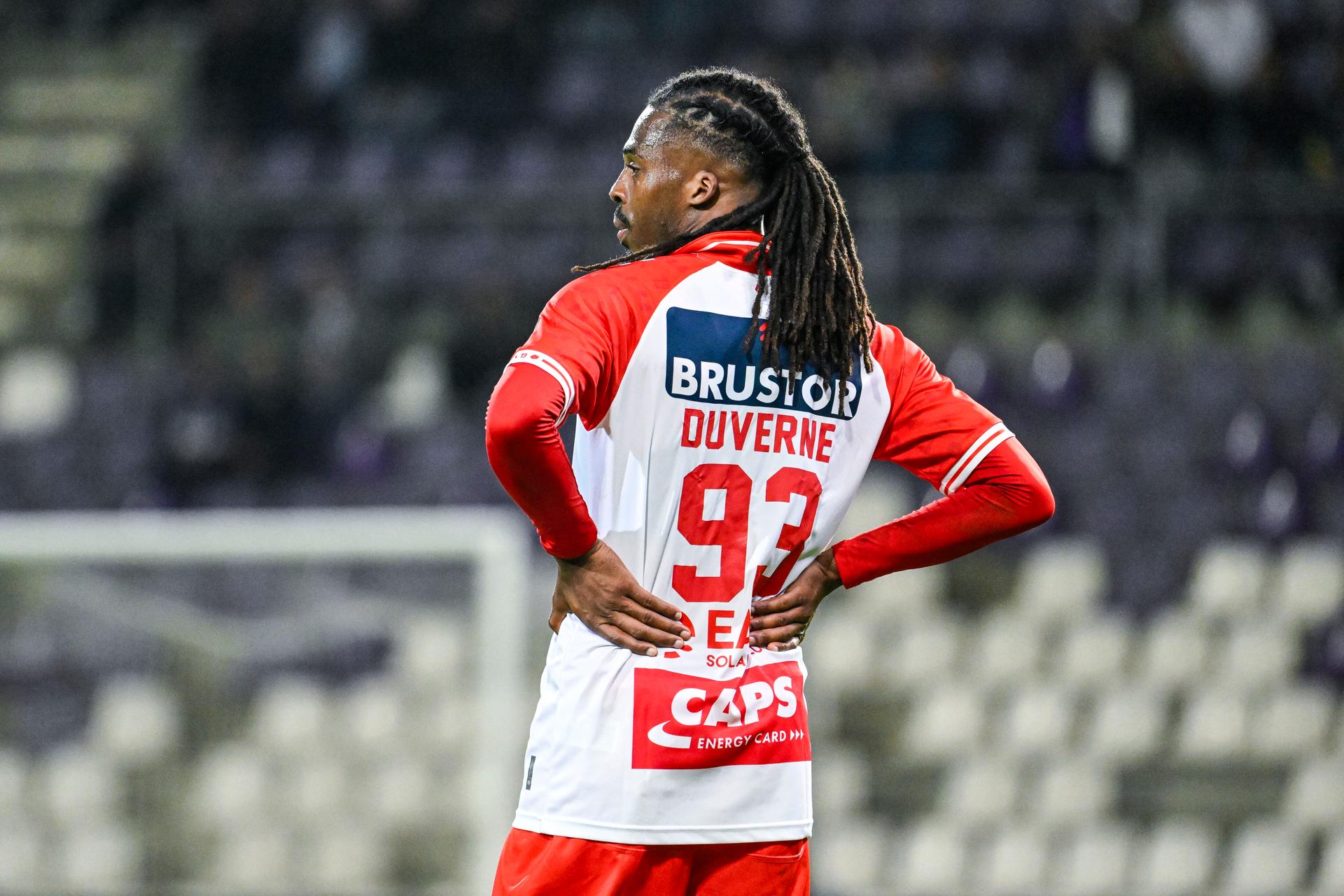 Kortrijk's Jean-Kevin Duverne looks dejected during a soccer match between Beerschot VA and KV Kortrijk, Friday 25 April 2025 in Kortrijk, on day 4 (out of 6) of the Relegation Play-offs of the 2024-2025 'Jupiler Pro League' first division of the Belgian championship. BELGA PHOTO TOM GOYVAERTS