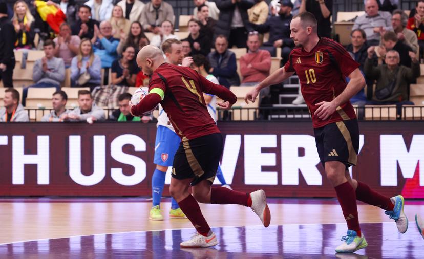 Belgium's Omar Rahou and Belgium's Marvin Ghislandi celebrate after scoring during a futsal game between Belgium and Czechia, in Roosdaal, on Wednesday 12 March 2025, the main round of qualification of the group 9 (match 5/6) for the Euro 2026. BELGA PHOTO VIRGINIE LEFOUR